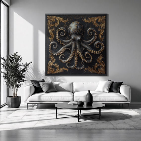 Gothic Octopus Framed Print Underwater Animal Luxury Art Black And Gold Painting Print Mysterious Wall Decor Ready To Hang