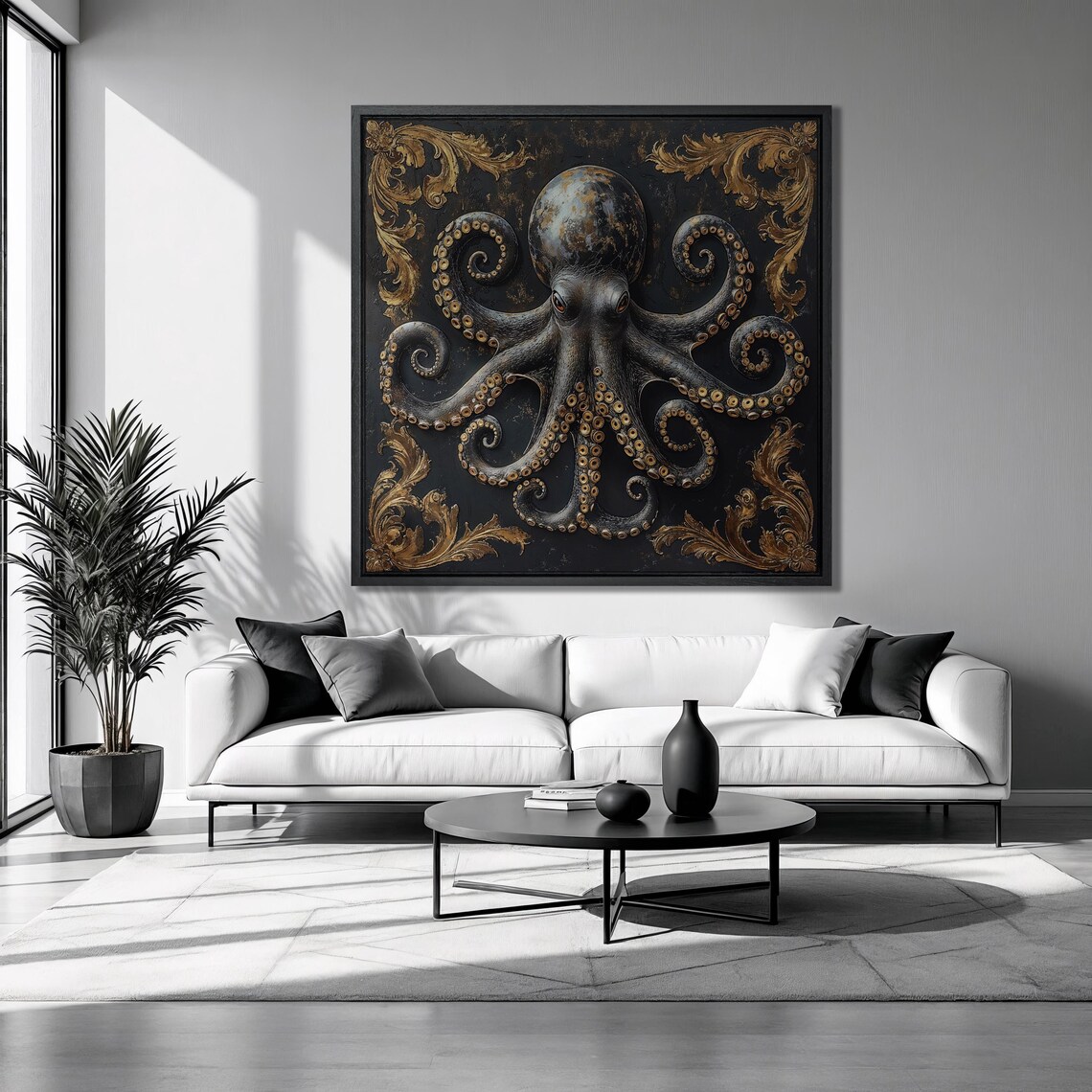 Black Octopus Gold Baroque Flourish Nautical Underwater Square Art Poster