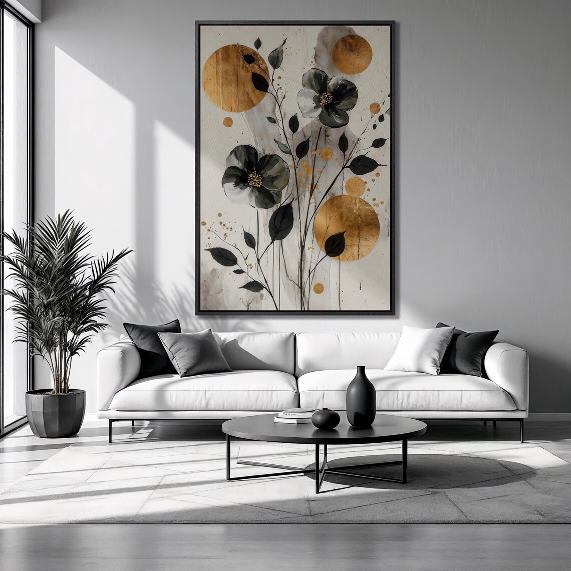 Black Floral Botanical Gold Circle Abstract Vertical Luxury Art Poster