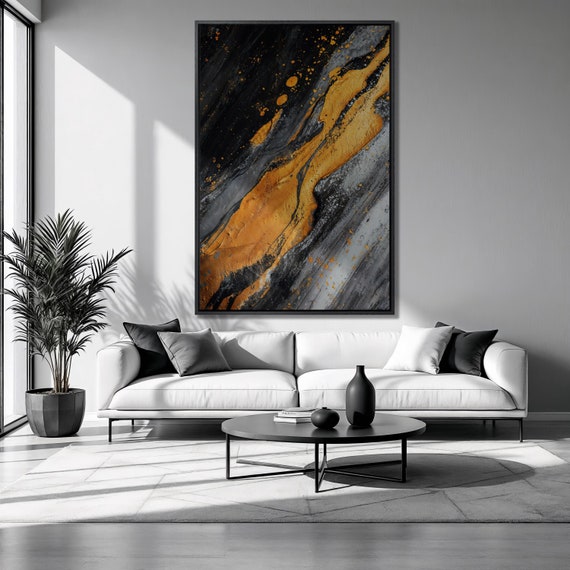 Contrast Colors Framed Print Abstract Fluid Design Luxury Art Black Gray Gold Painting Print Modern Decor Gift Ready To Hang