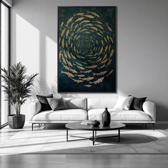 Mystical Fish Vortex Framed Print Underwater Animal Luxury Art Swirling Goldfish Painting Print Abstract Decor Ready To Hang
