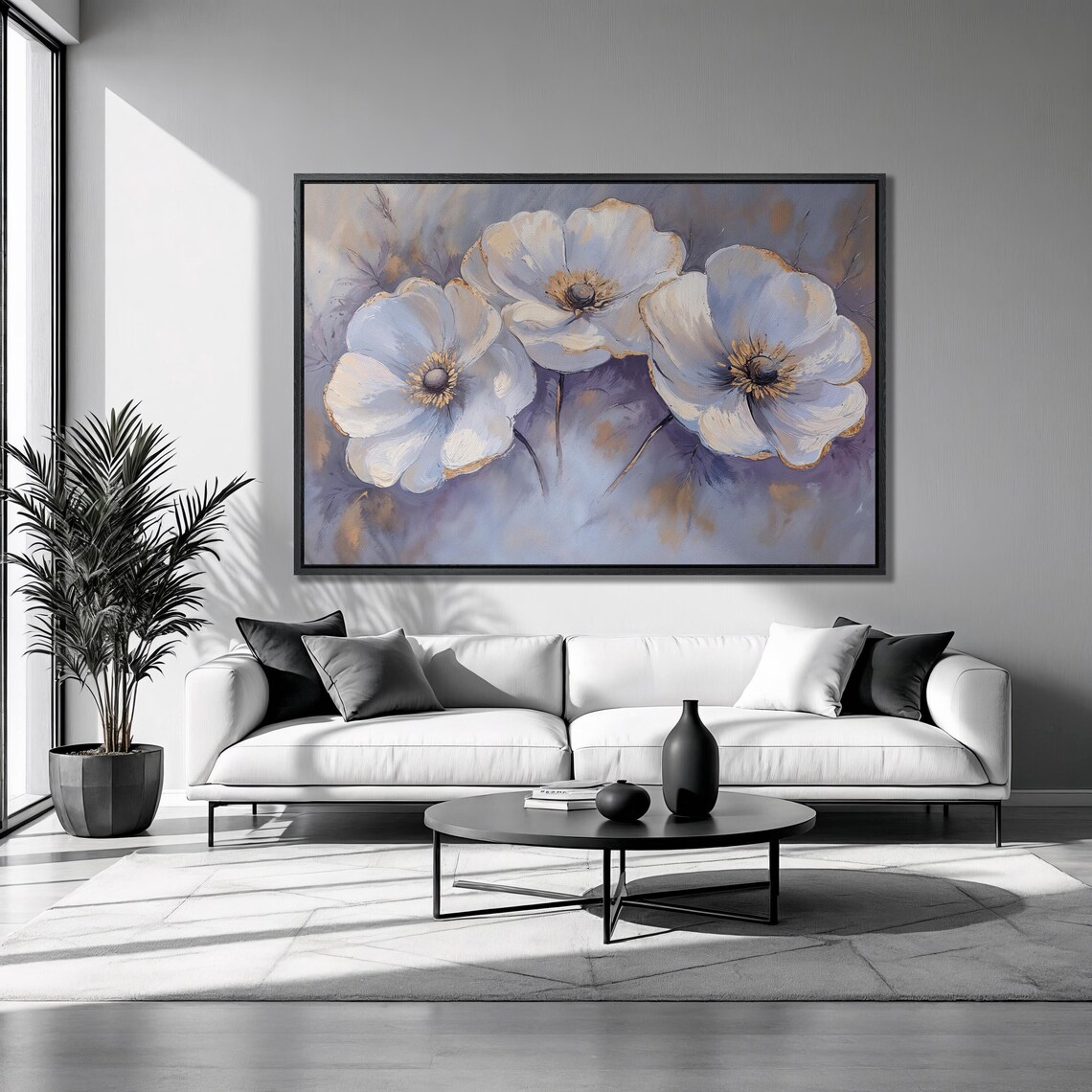 White And Purple Anemone Flowers On Lavender Floral Wall Art Print