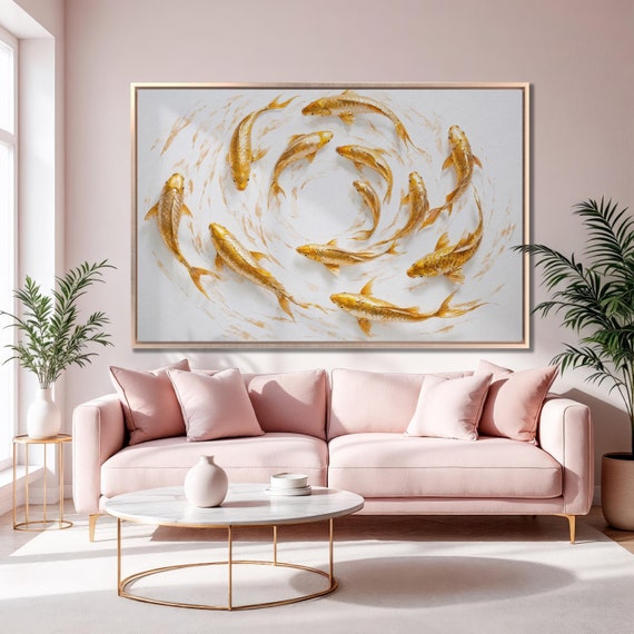 Swirling Koi Fish Framed Print Japanese Luxury Art Aquatic Animal Painting Print Minimalist Poster Zen Decor Ready To Hang