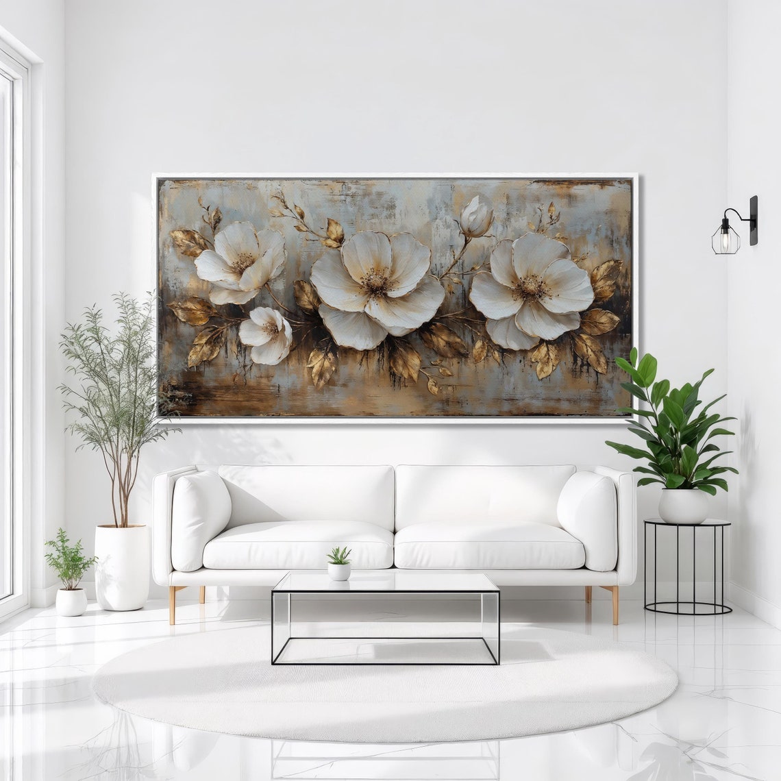 White Golden Blossoms Spring Floral Painting Textured Elegant Wall Art