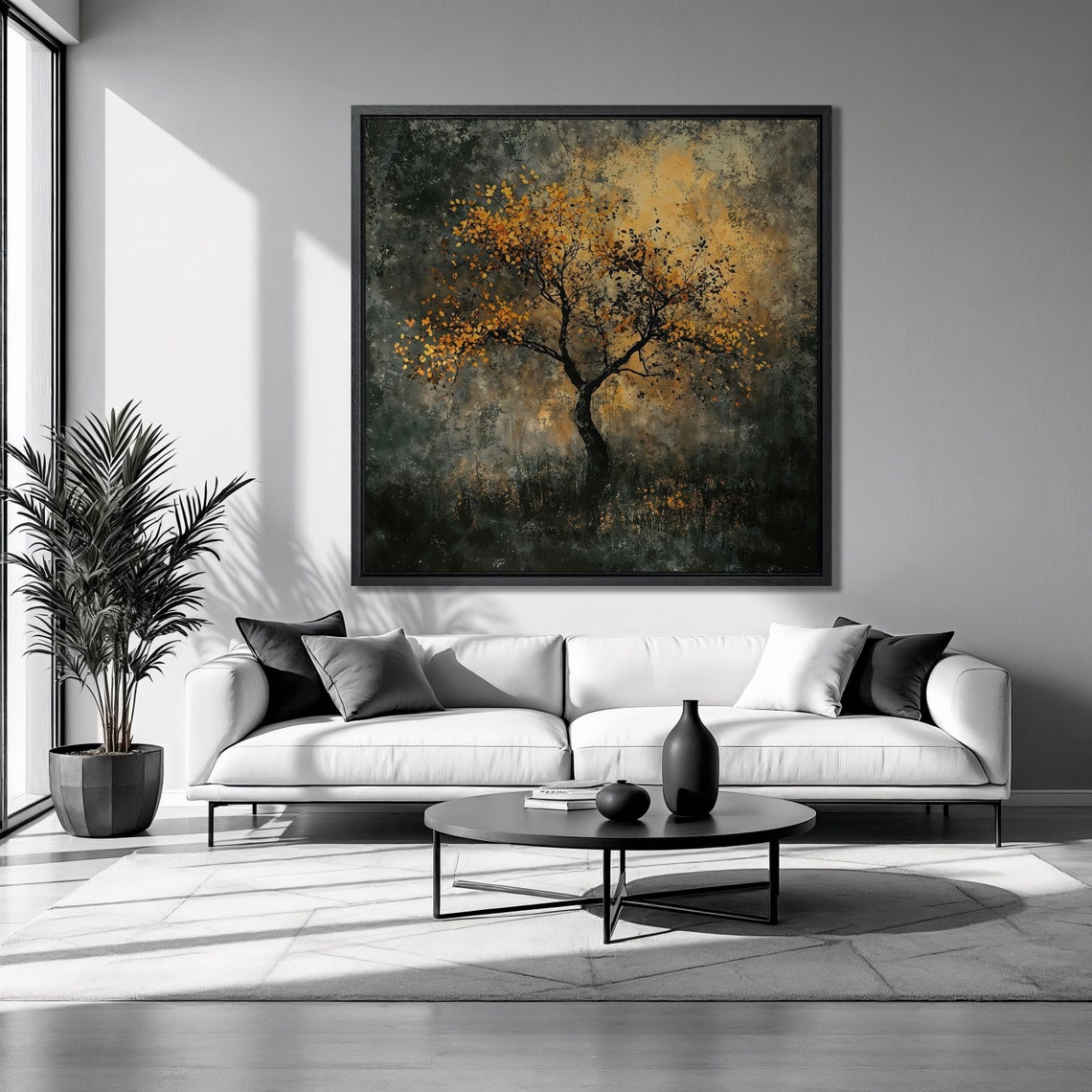 Autumn Tree Golden Leaves Dark Green Background Square Art Poster