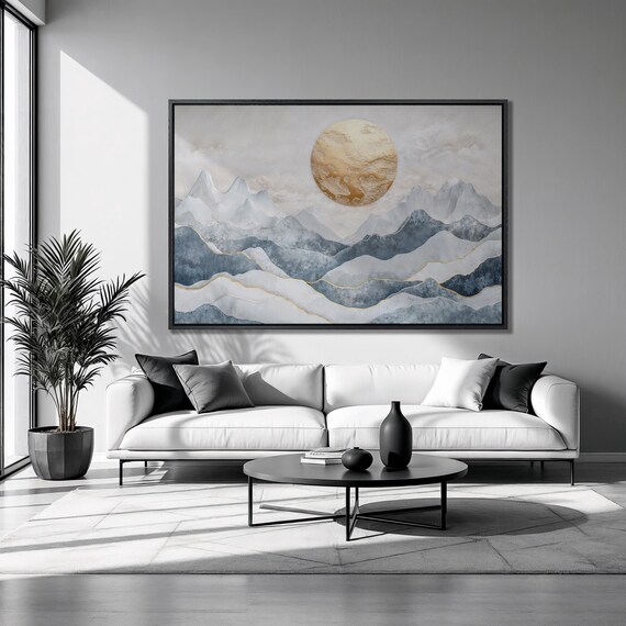 Blue Mountain Landscape Framed Print Golden Sun Luxury Art Abstract Nature Painting Print Minimalist Decor Ready To Hang