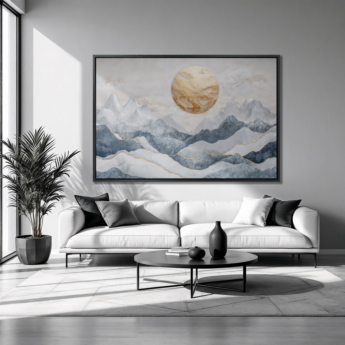 Blue Mountain Ranges Gold Moon Abstract Peaks Horizontal Art Poster