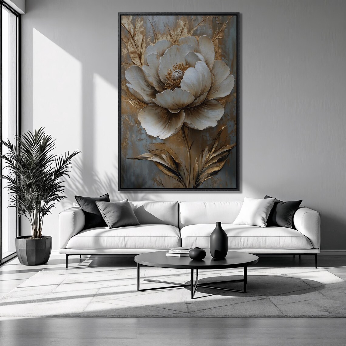 White Peony Bloom With Golden Foliage On Gray Abstract Floral Print