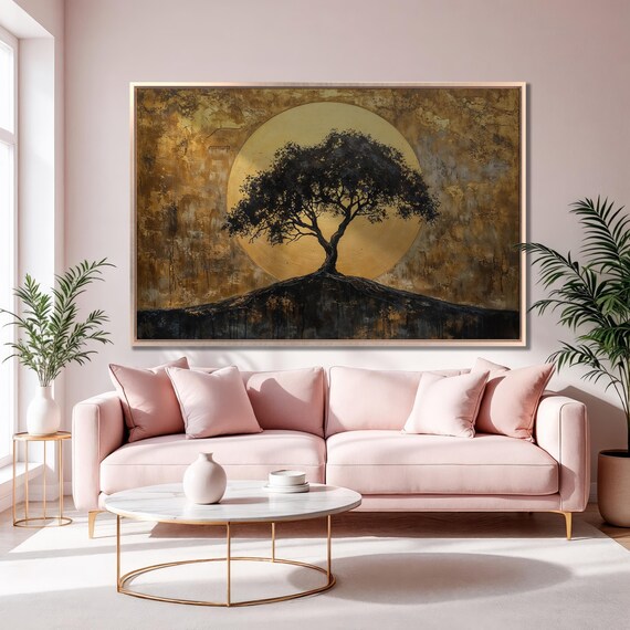 Dark Silhouette Tree Framed Print Golden Full Moon Luxury Art Abstract Landscape Painting Print Surreal Decor Ready To Hang