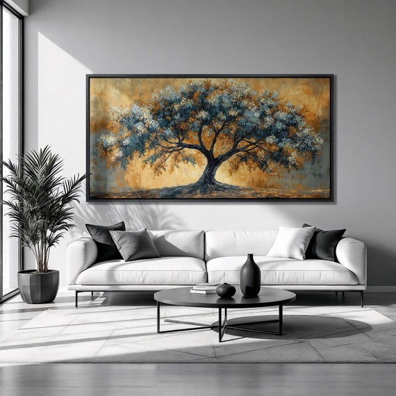 Blue Blossom Tree Art Print, Rustic Landscape