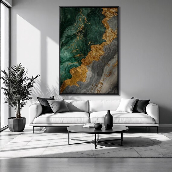 Green Golden Gray Marble Framed Print Abstract Luxury Art Fluid Effect Painting Print Minimalist Art Decor Gift Ready To Hang