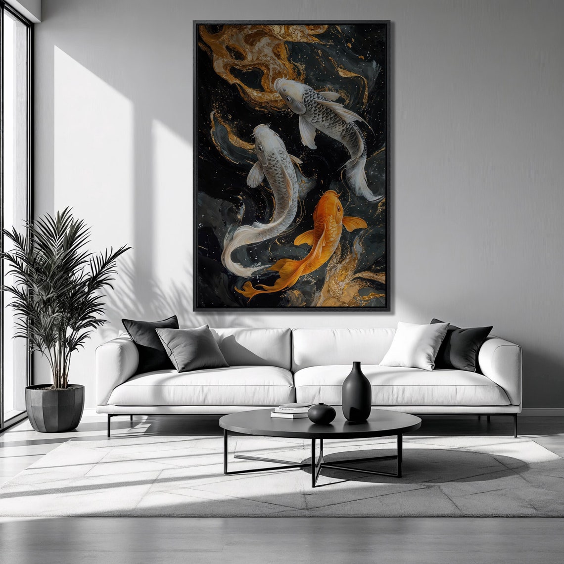Koi Fish Black Gold Swirling Water Orange White Vertical Art Poster