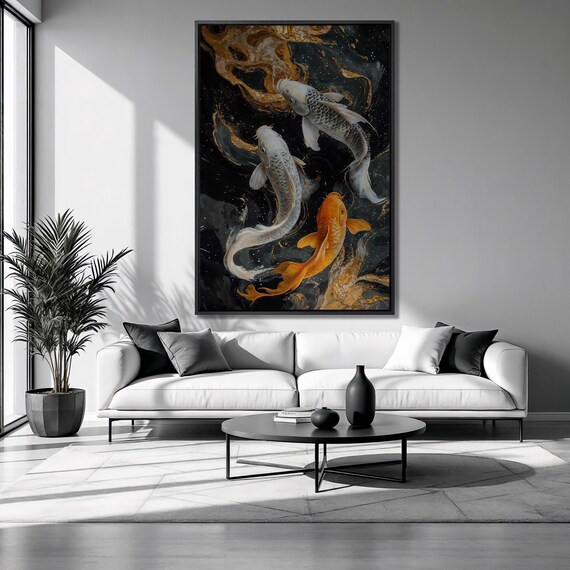 Koi Fish Framed Print Gray And Goldfish Luxury Wall Art Abstract Swirling Water Painting Print Japanese Decor Ready To Hang
