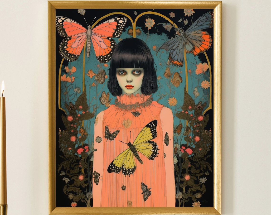 Butterfly Woman Coral Dress Dark Floral Elegant Portrait Art Poster