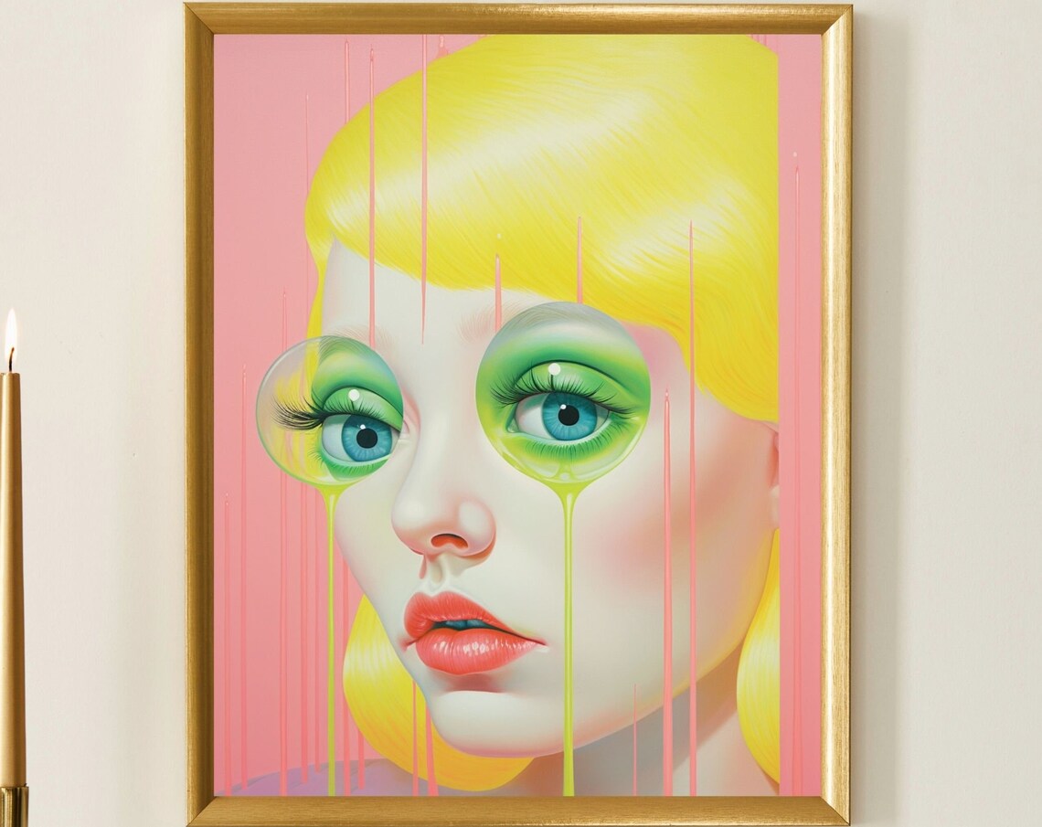 Surreal Melting Eye Portrait Neon Blonde Woman Pink Art Poster