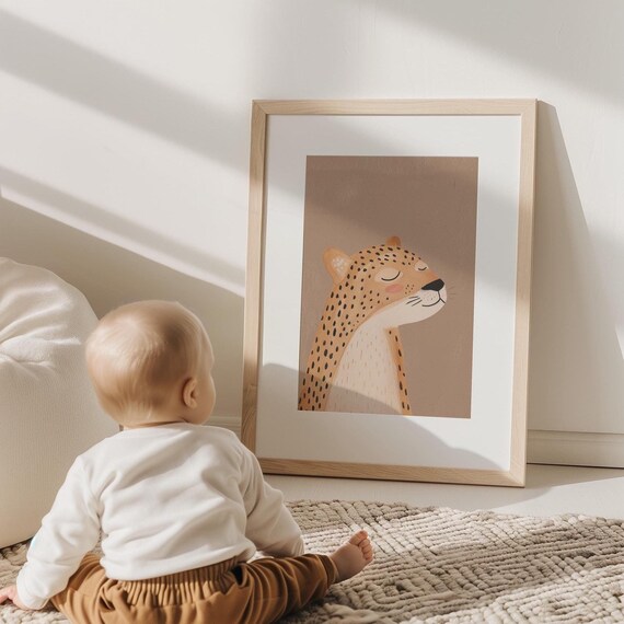 Kids Room Minimalist Art Print Leopard Poster Neutral Nursery Print Cute Animal Wall Decor Playroom Poster