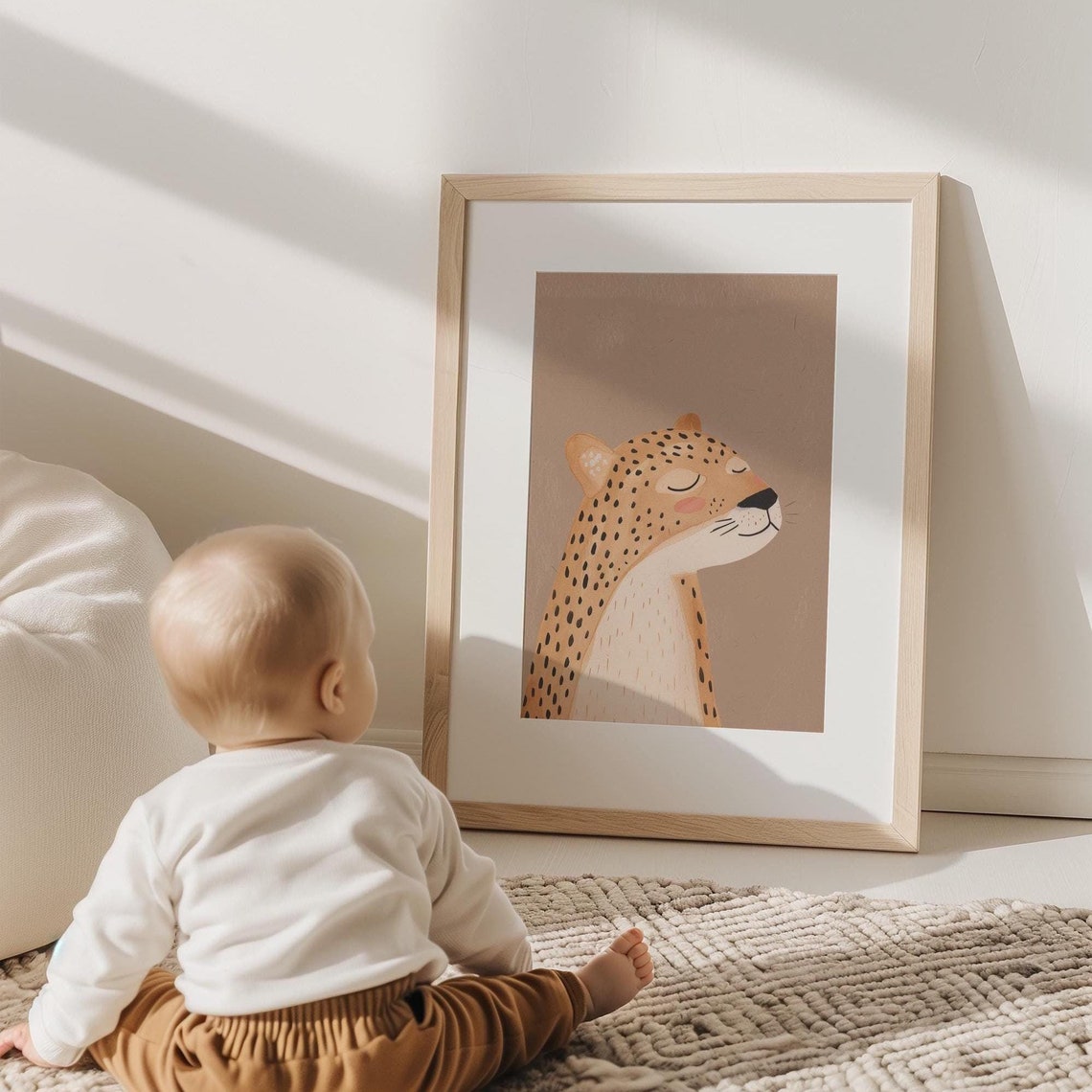 Cute Leopard Cub Portrait Minimalist Beige Nursery Animal Poster