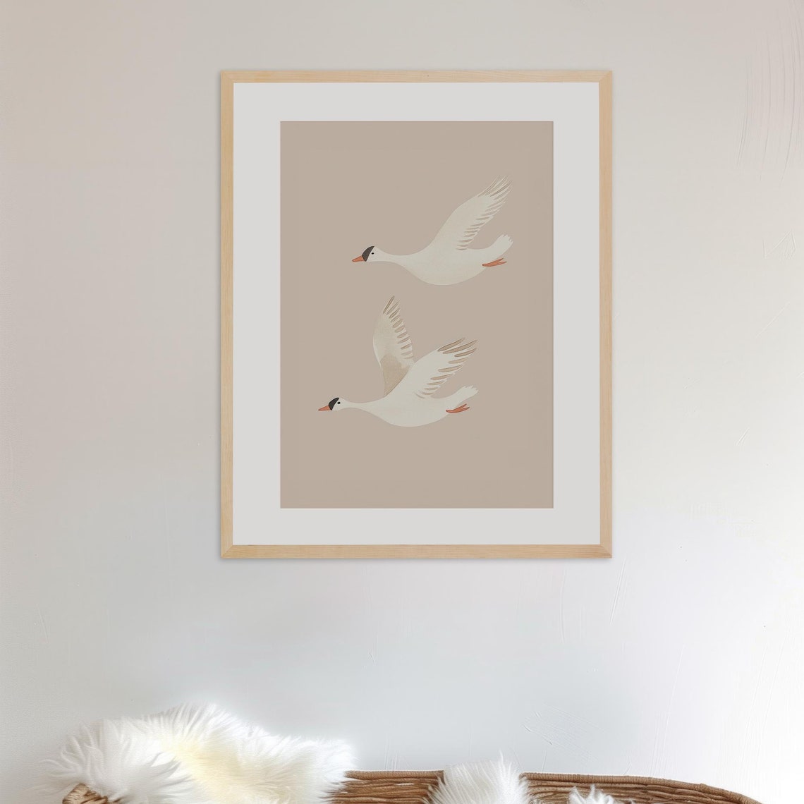 Two White Geese in Flight Minimalist Beige Neutral Nursery Poster - Image 3