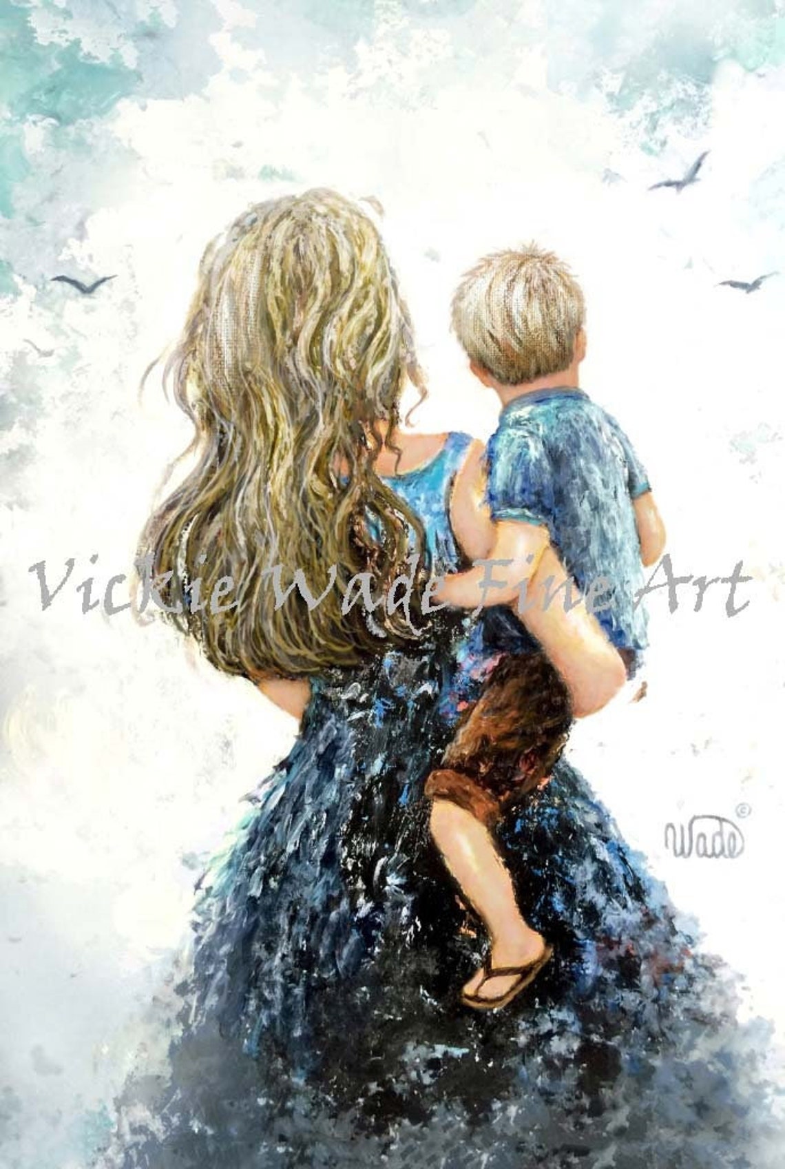 Mother With Long Blonde Hair Carrying Her Little Boy Close Poster