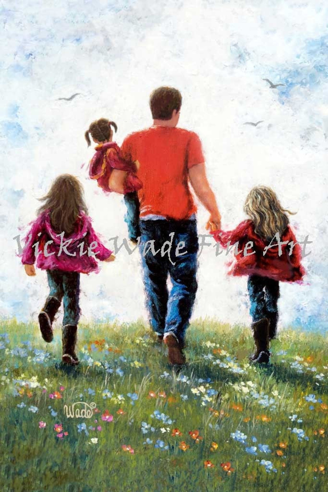 Father and Three Daughters Walking in a Wildflower Meadow Poster