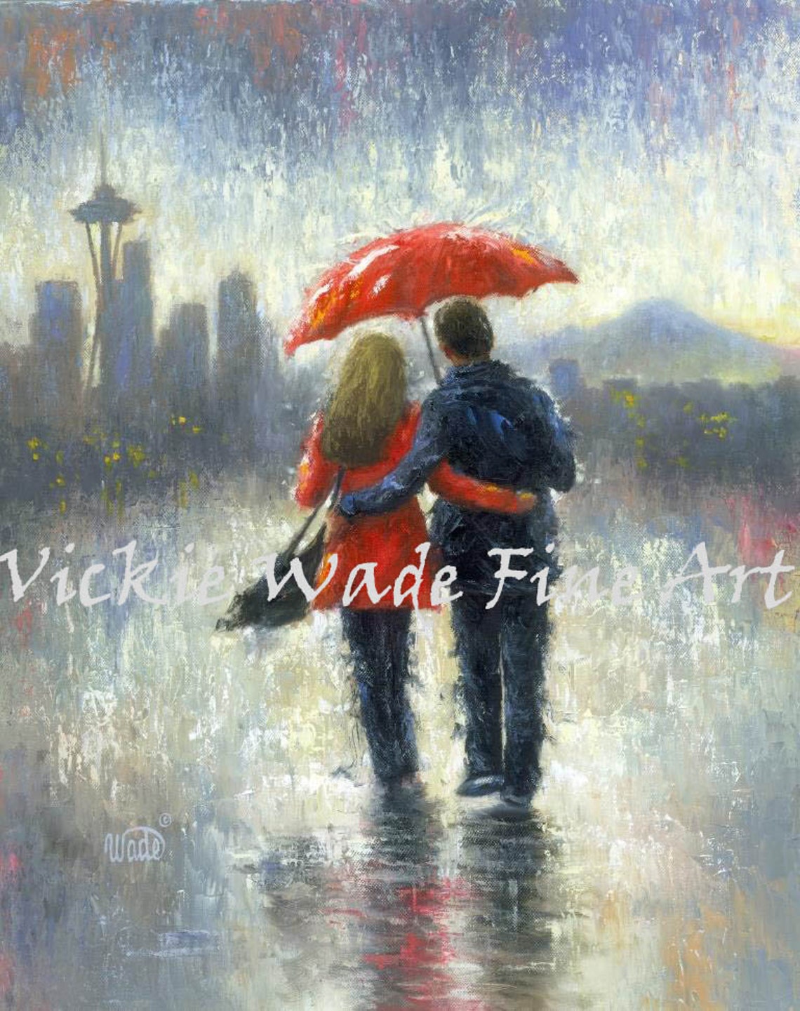 Seattle Lovers In The Rain With Red Umbrella Space Needle Art Poster - Image 2