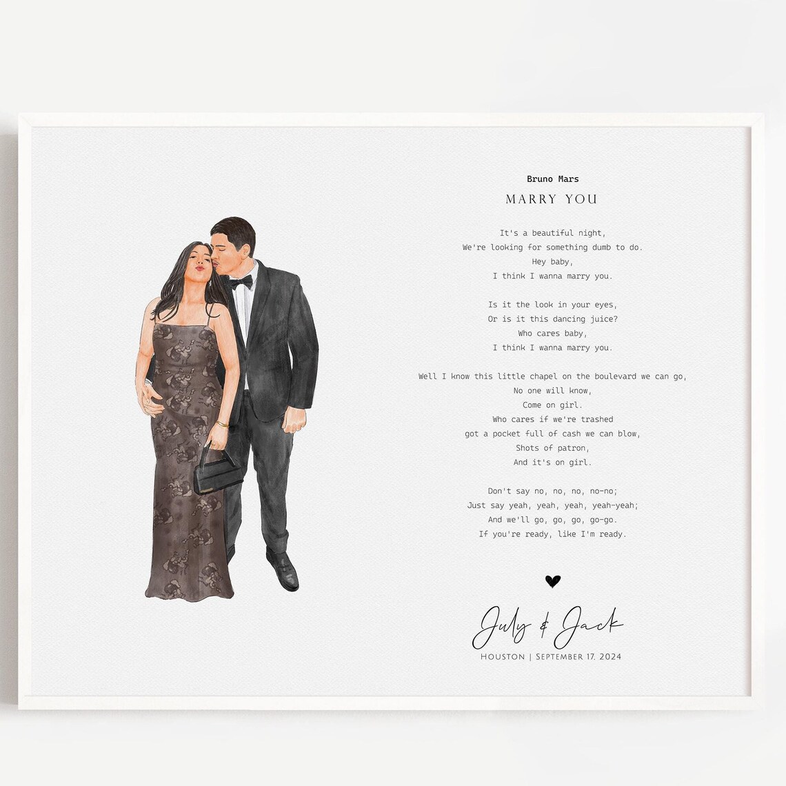 Bruno Mars Marry You Lyrics Custom Wedding Portrait Art Poster