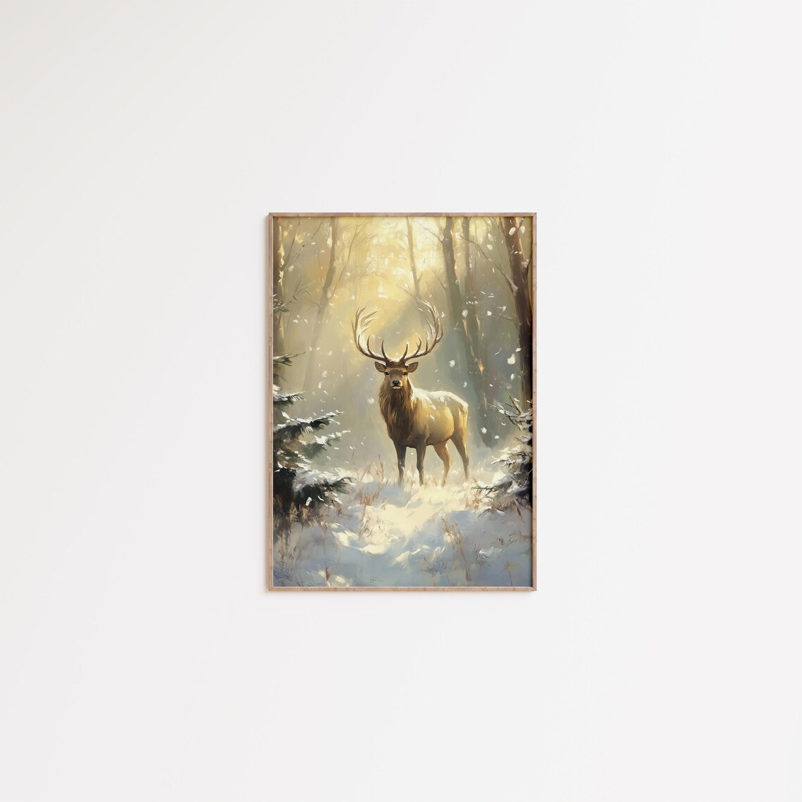 Majestic Stag In Winter Forest Wall Art Snowy Scene Print Wildlife Christmas Winter Scene Art Stag In The Forest Oil Painting - Image 2