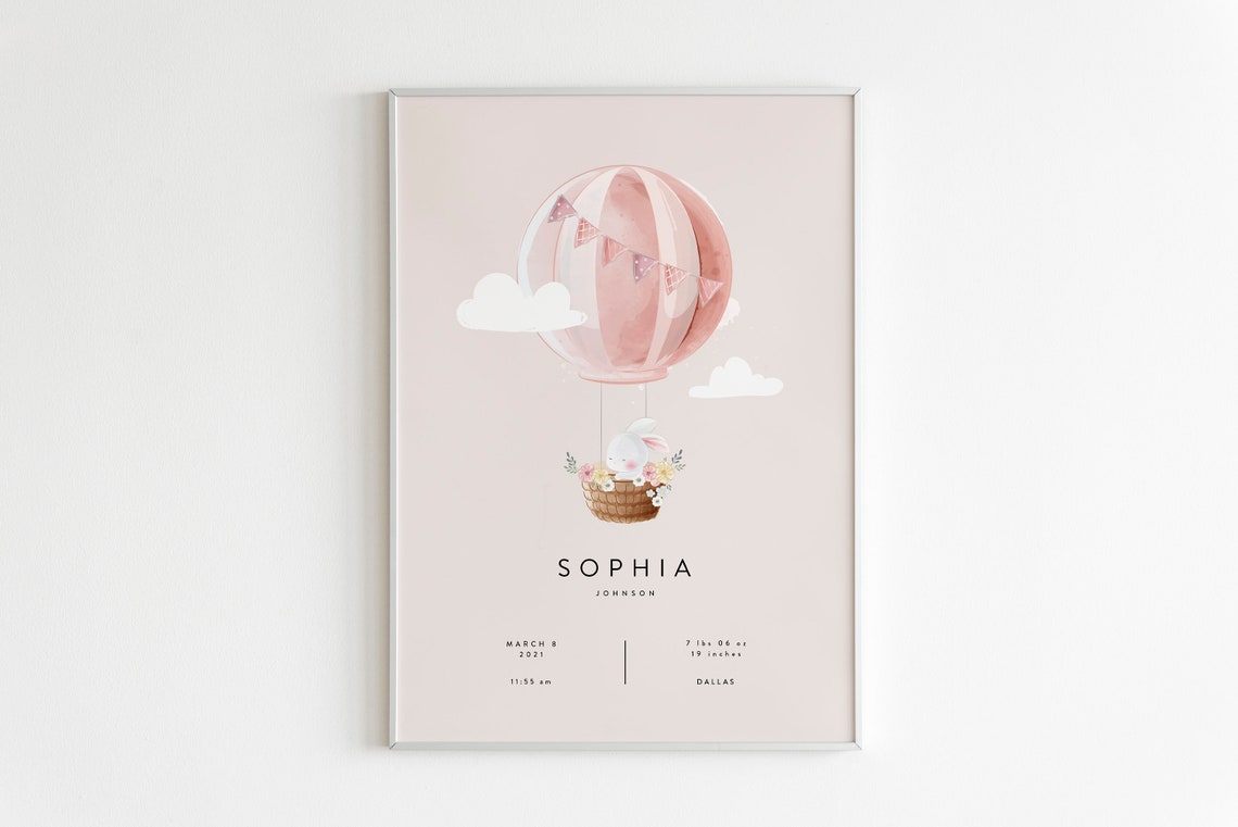 Personalized Bunny Hot Air Balloon Birth Stats Nursery Poster - Image 2