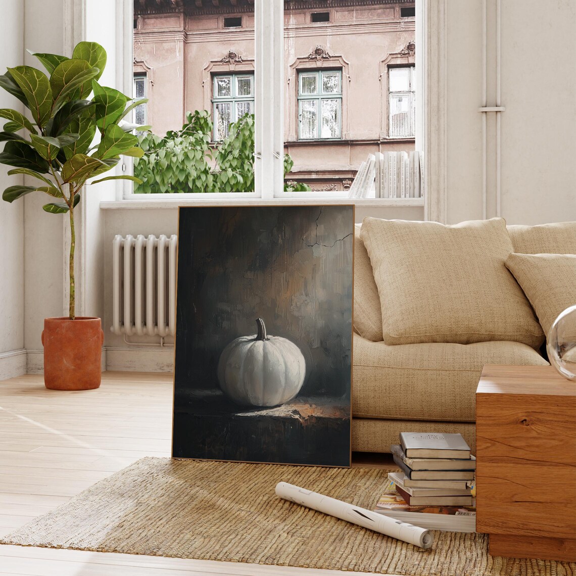 White Pumpkin Still Life Moody Dark Autumn Oil Painting Wall Art - Image 2
