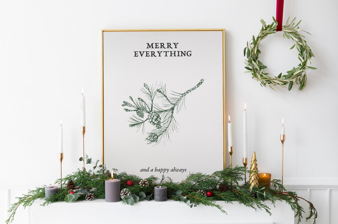 Merry Everything Pine Branch Pinecones Vintage Botanical Quote Print - Image 2