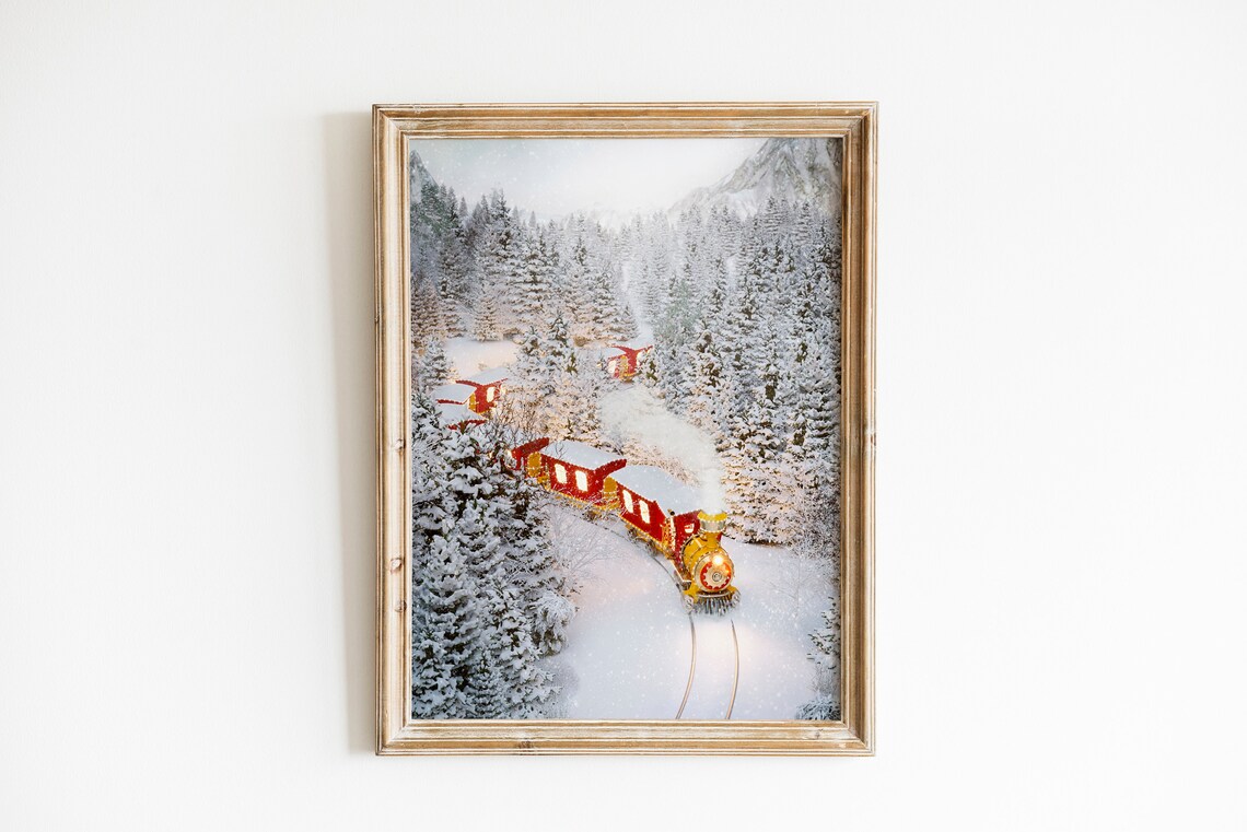 Red Steam Train Snowy Mountain Winter Christmas Express Holiday Print - Image 3