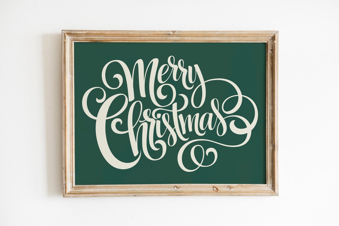 Merry Christmas Calligraphy Script Cream Green Holiday Sign Wall Print - Image 3