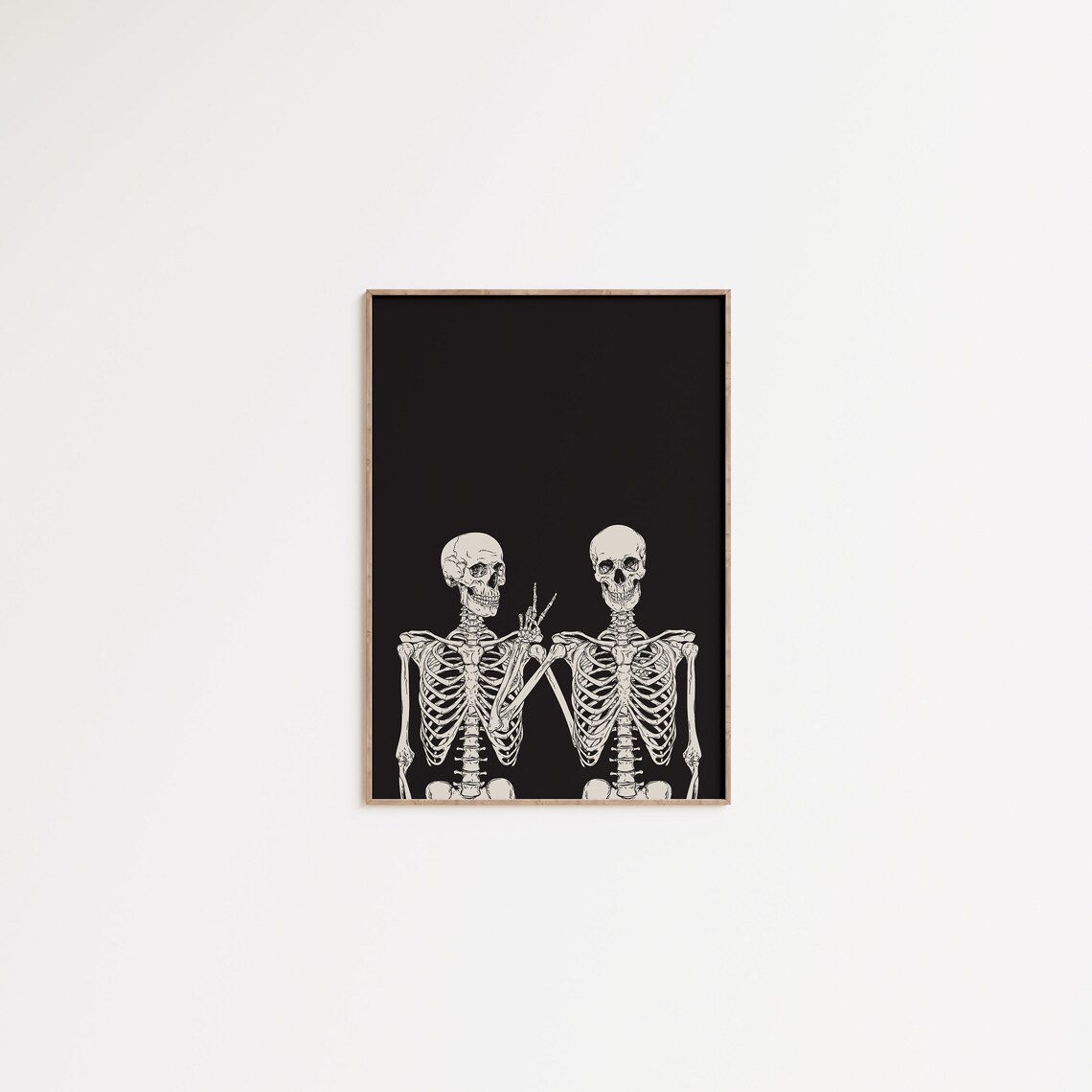 Two Skeletons Best Friends Peace Sign Funny Halloween Black Skull Wall Art Poster - Image 2