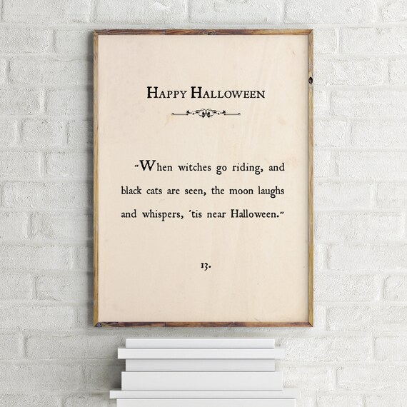 Happy Halloween Book Page Quote Witches Black Cats Moon Poster