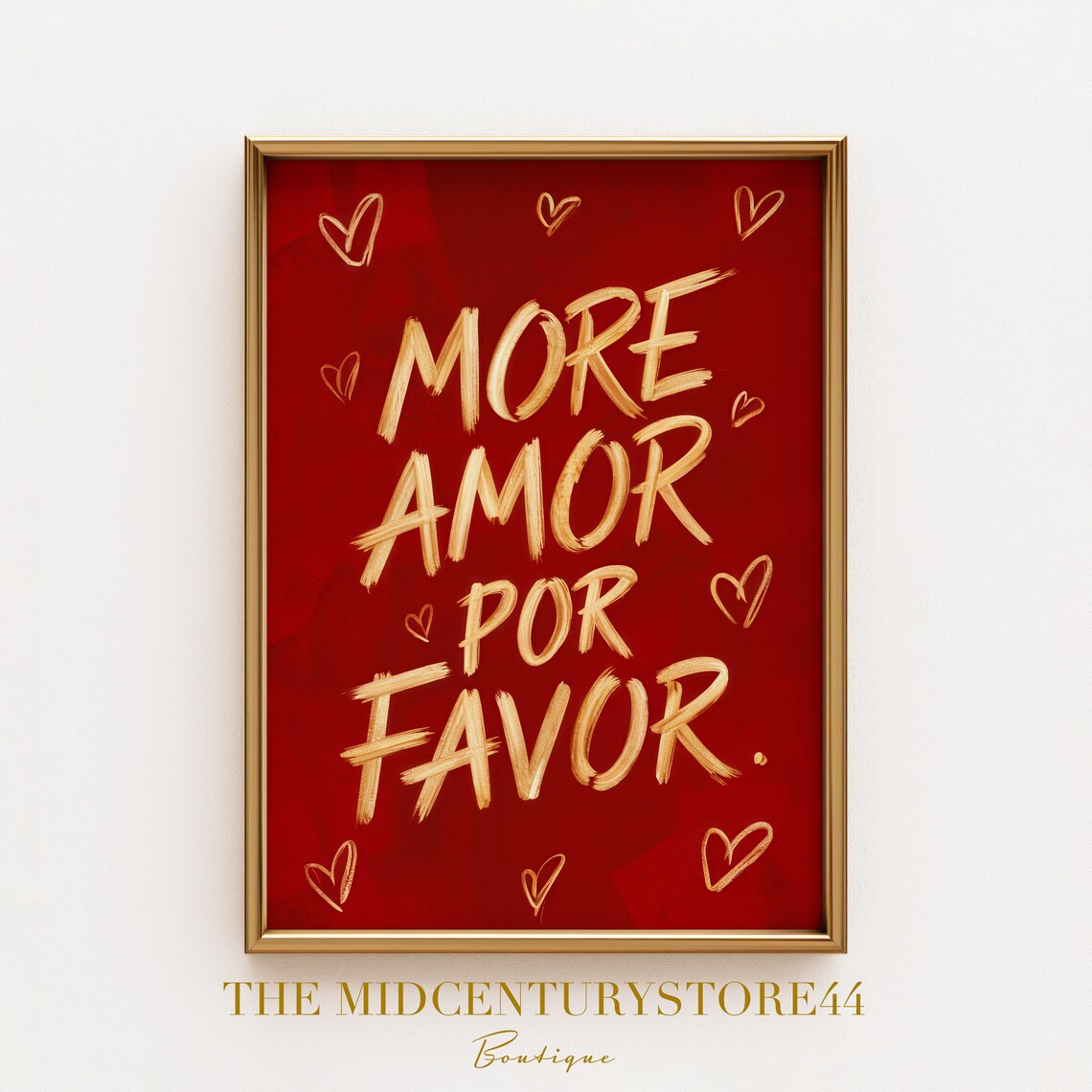 More Amor Por Favor Gold Brush Lettering on Deep Red Love Quote Poster - Image 2