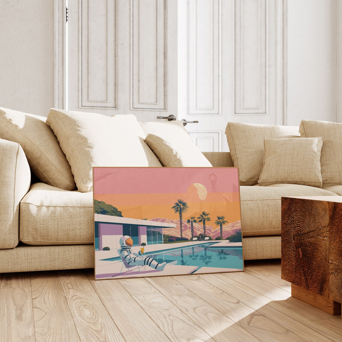 Astronaut Relaxing Poolside with Cocktail at a Retro Pink Sunset Poster - Image 3