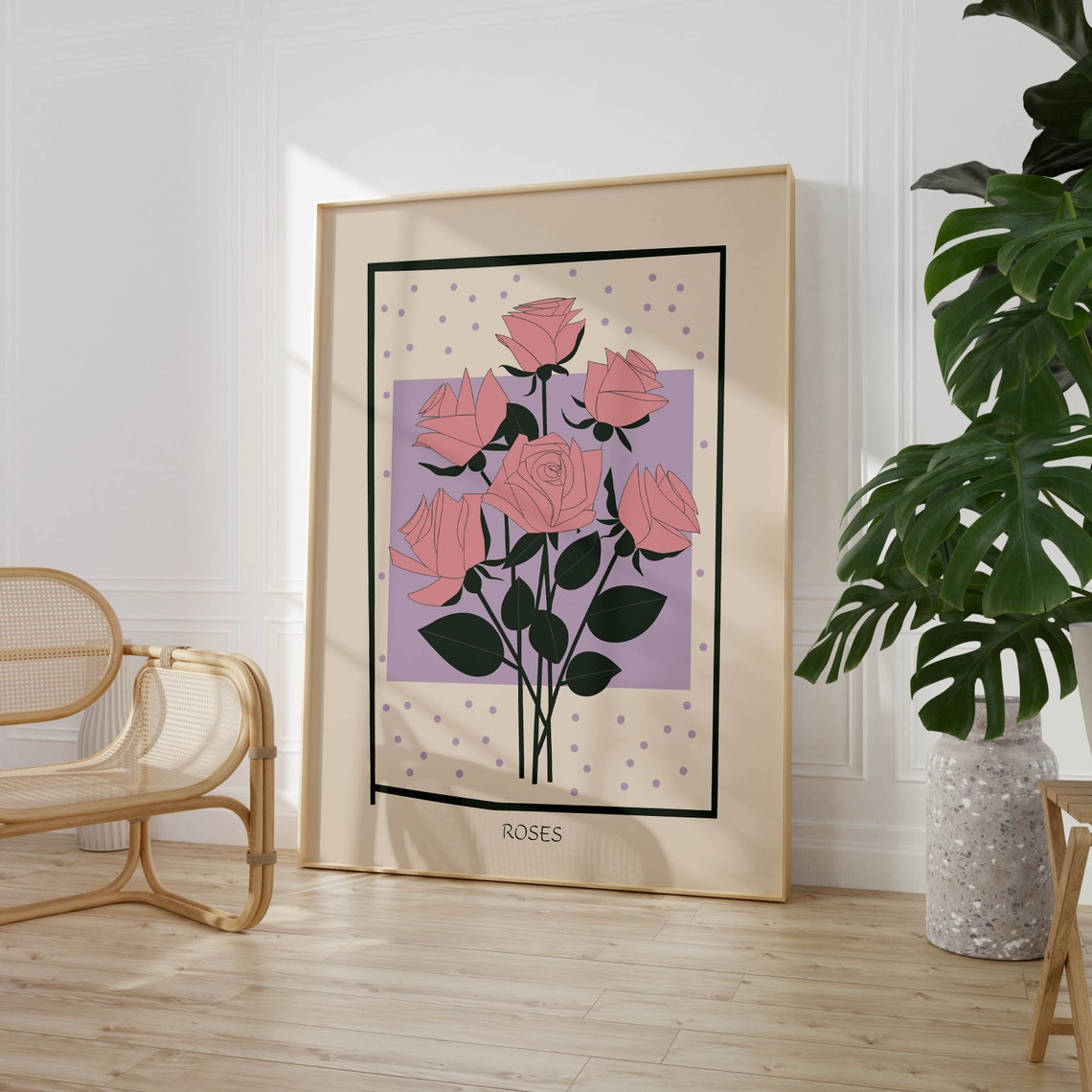 Pink Roses Lilac Lavender Background Modern Botanical Floral Poster