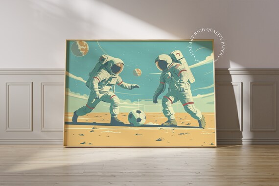 Astronaut Soccer Print Mid Century Modern Football Poster Mcm Sport Wall Decor Printed On Luxury Paper