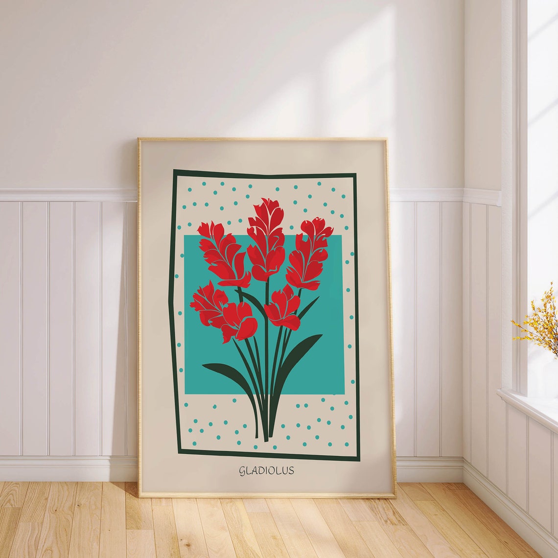Red Gladiolus Turquoise Background Modern Botanical Floral Poster - Image 3