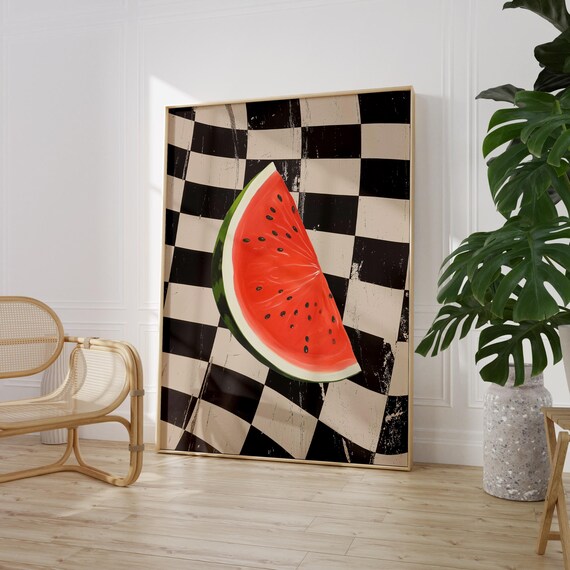 Retro Watermelon Kitchen Art Print Food Poster Vintage Fruit On Checkerboard Printed On Luxury Paper