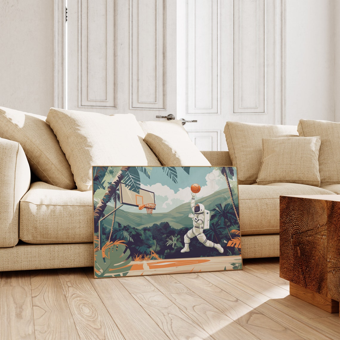 Astronaut Basketball Slam Dunk on a Tropical Palm Court Poster - Image 3