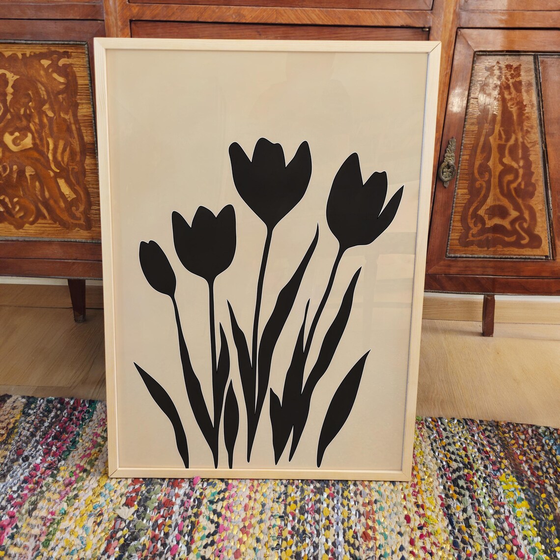 Minimalist Black And White Tulip Flower Silhouette Beige Poster - Image 3
