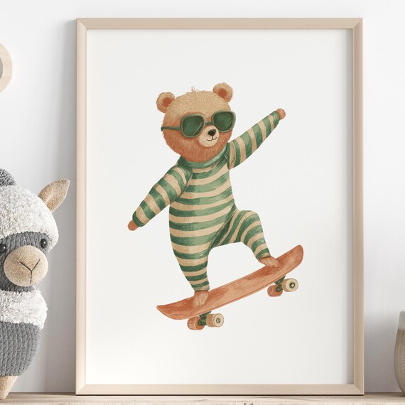 Nursery Art Bear With Skateboard Cute Animal Poster In Green Funny Illustration Wall Decoration Baby Room Pictures Childrens