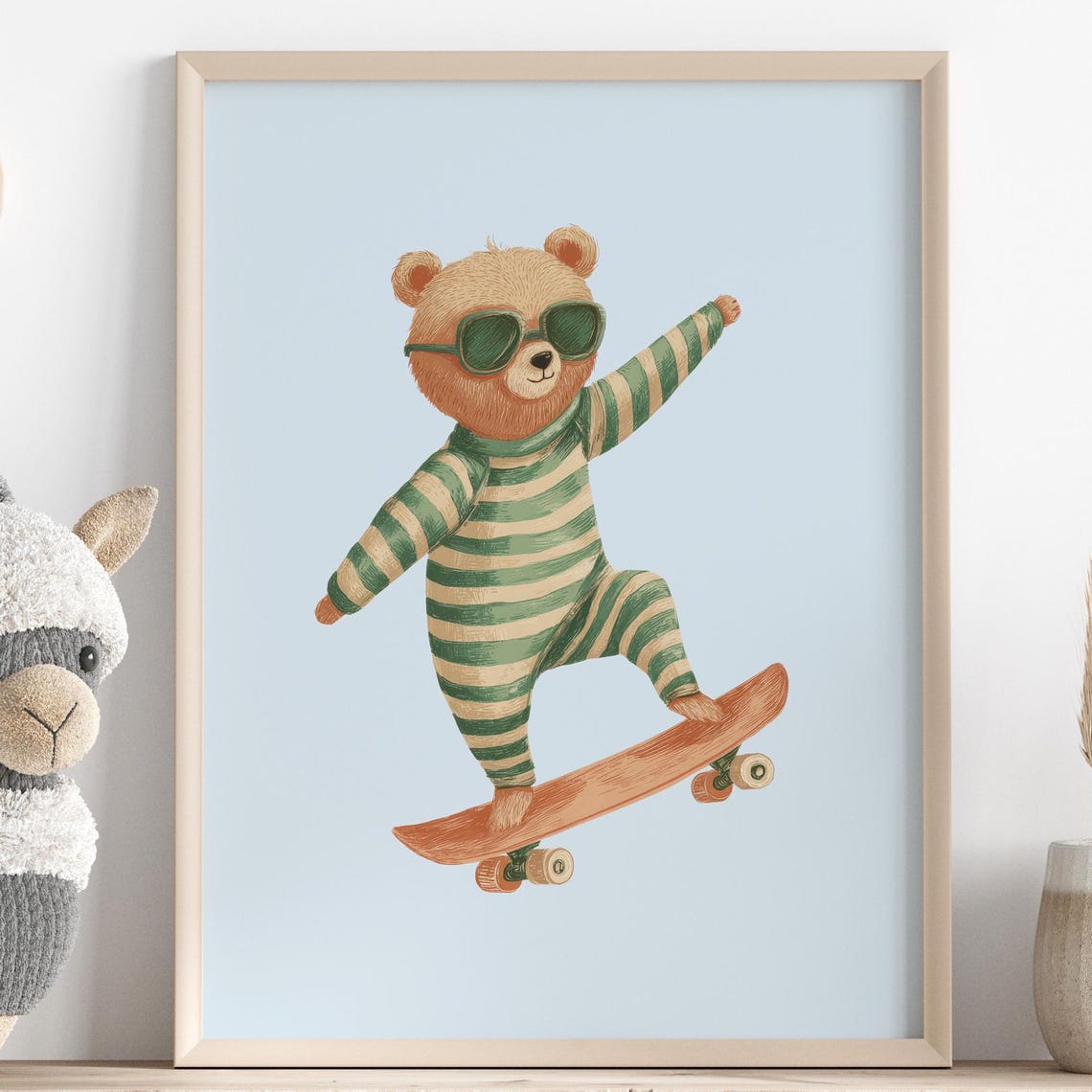 Cute Skateboarding Bear Sunglasses Light Blue Nursery Art Poster