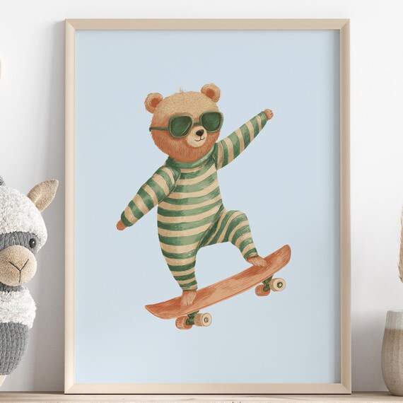 Cute Skateboarding Bear Sunglasses Light Blue Nursery Art Poster