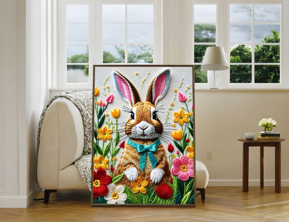 Cute Embroidered Bunny Rabbit With Blooming Flower Garden Poster - Image 2