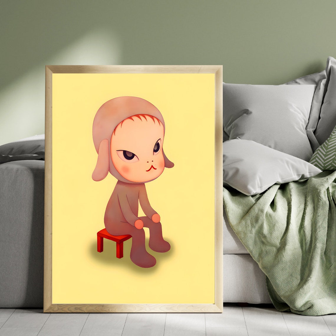 Yoshitomo Nara Whimsical Child Sitting on Red Stool Yellow Poster - Image 5