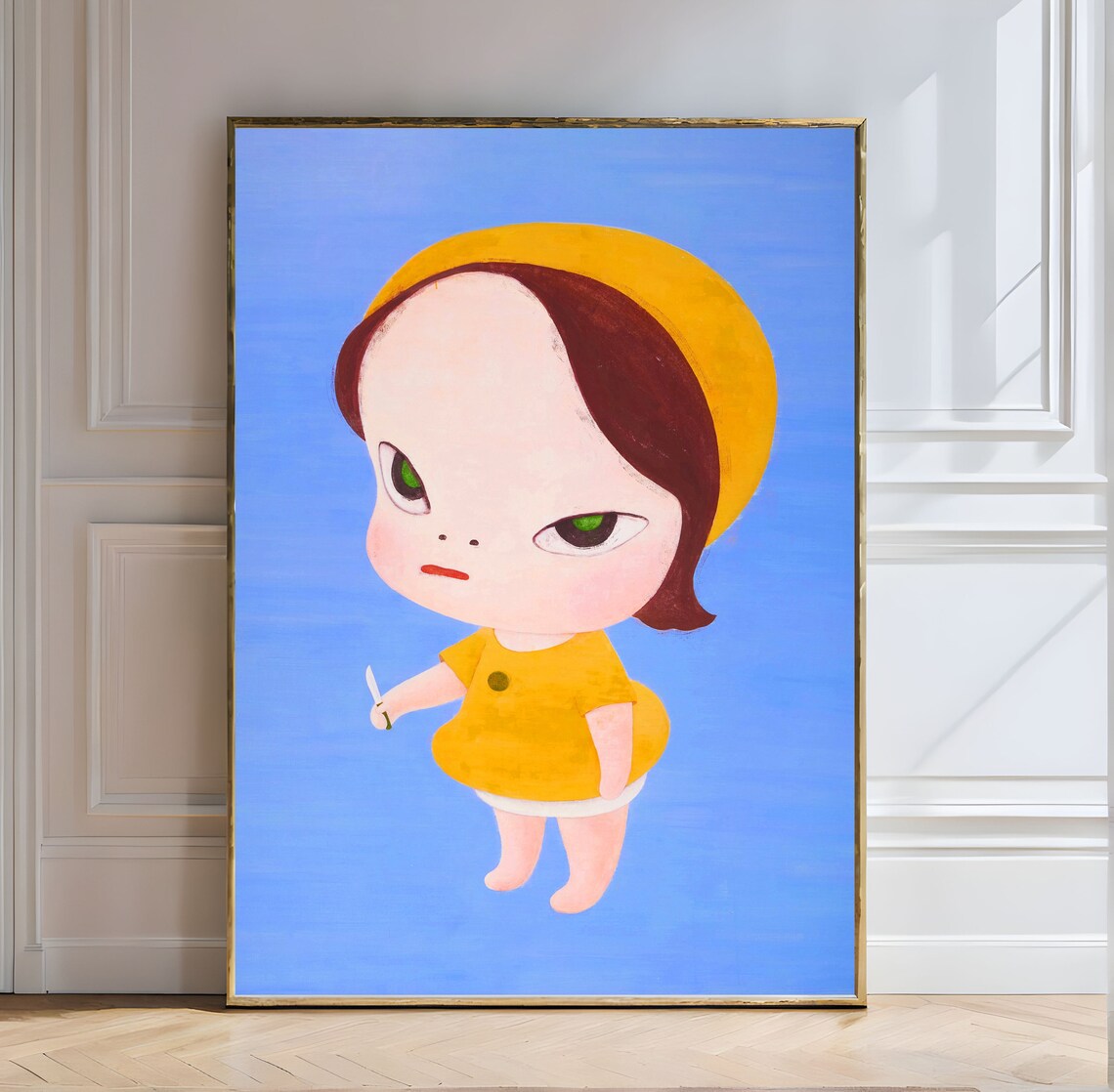 Yoshitomo Nara Angry Girl Yellow Beret Small Knife Blue Poster