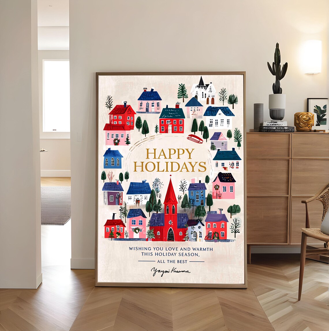 Yayoi Kusama Happy Holidays Cozy Winter Village Christmas Art Poster - Image 3
