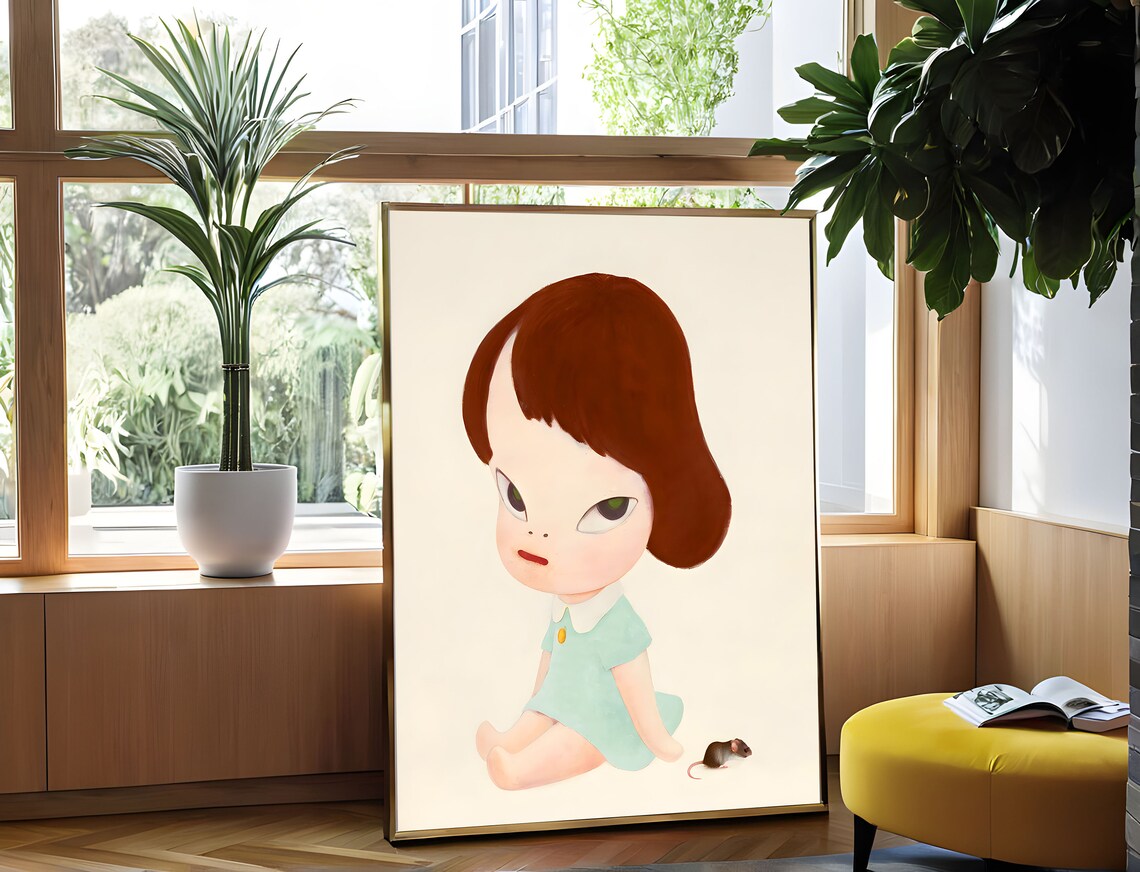 Yoshitomo Nara Girl with Mouse Mint Dress Suspicious Eyes Wall Art - Image 4